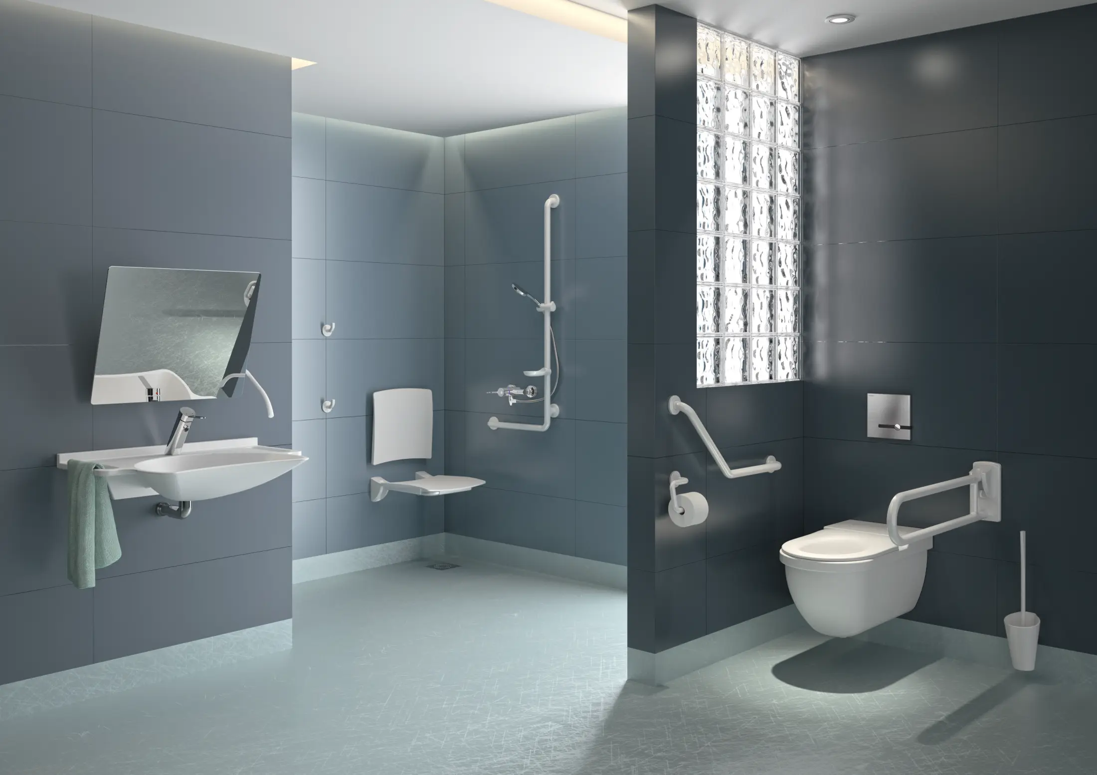 Barrierefreies Bad mit Haltegriffen und Sitzdusche. Salle de bain adaptée avec barres et siège douche.