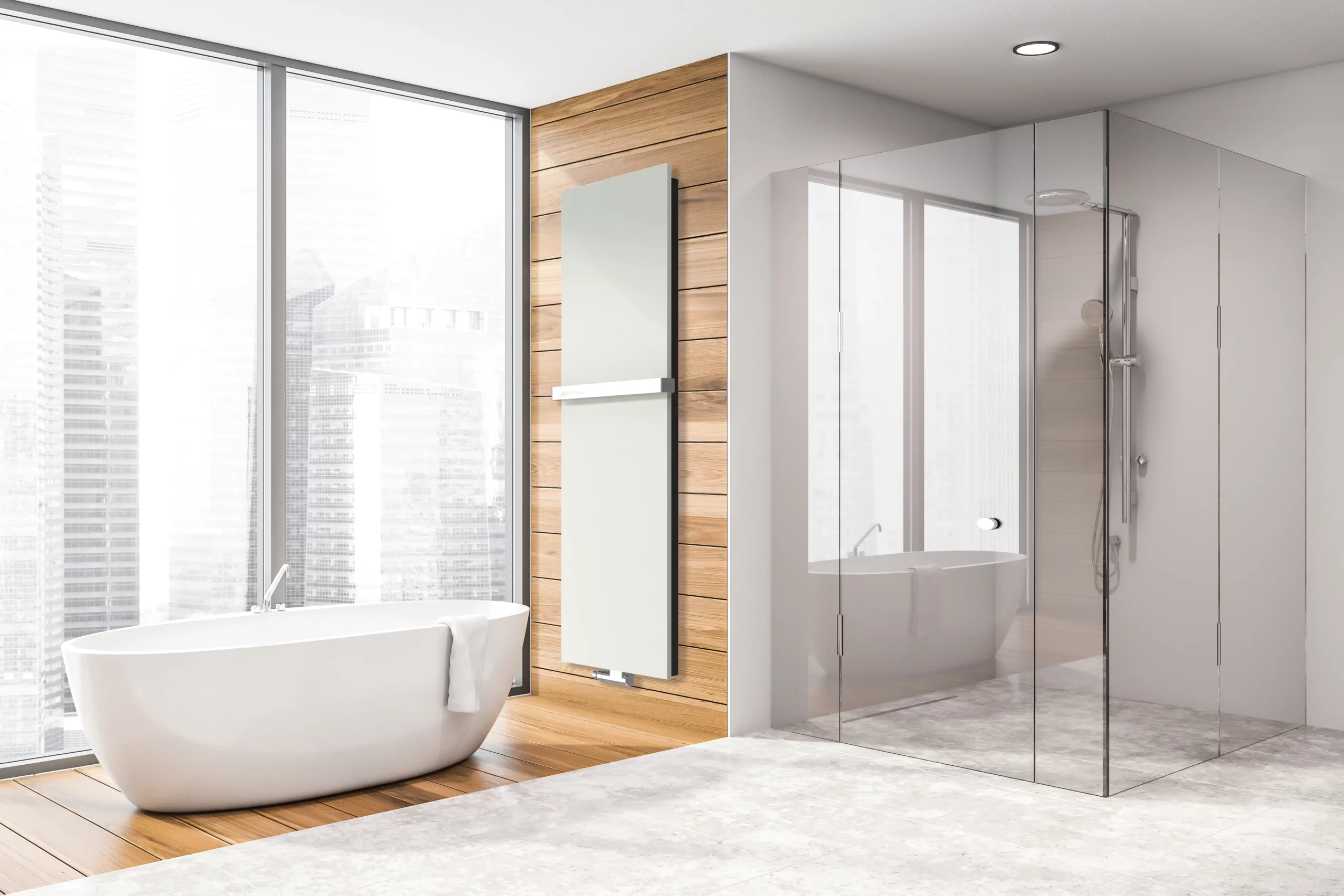 Modernes Bad mit weißem Heizkörper und Glasdusche. Salle de bain moderne avec radiateur blanc et douche.