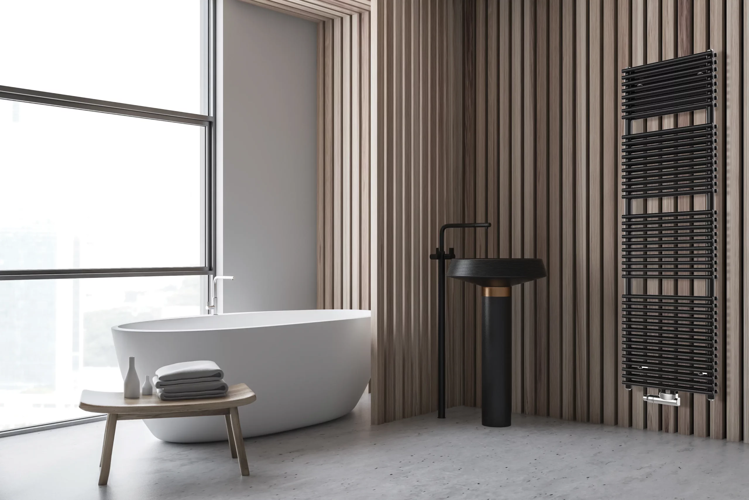 Bad mit schwarzem Heizkörper und Holzakzenten. Salle de bain avec radiateur noir et détails bois.