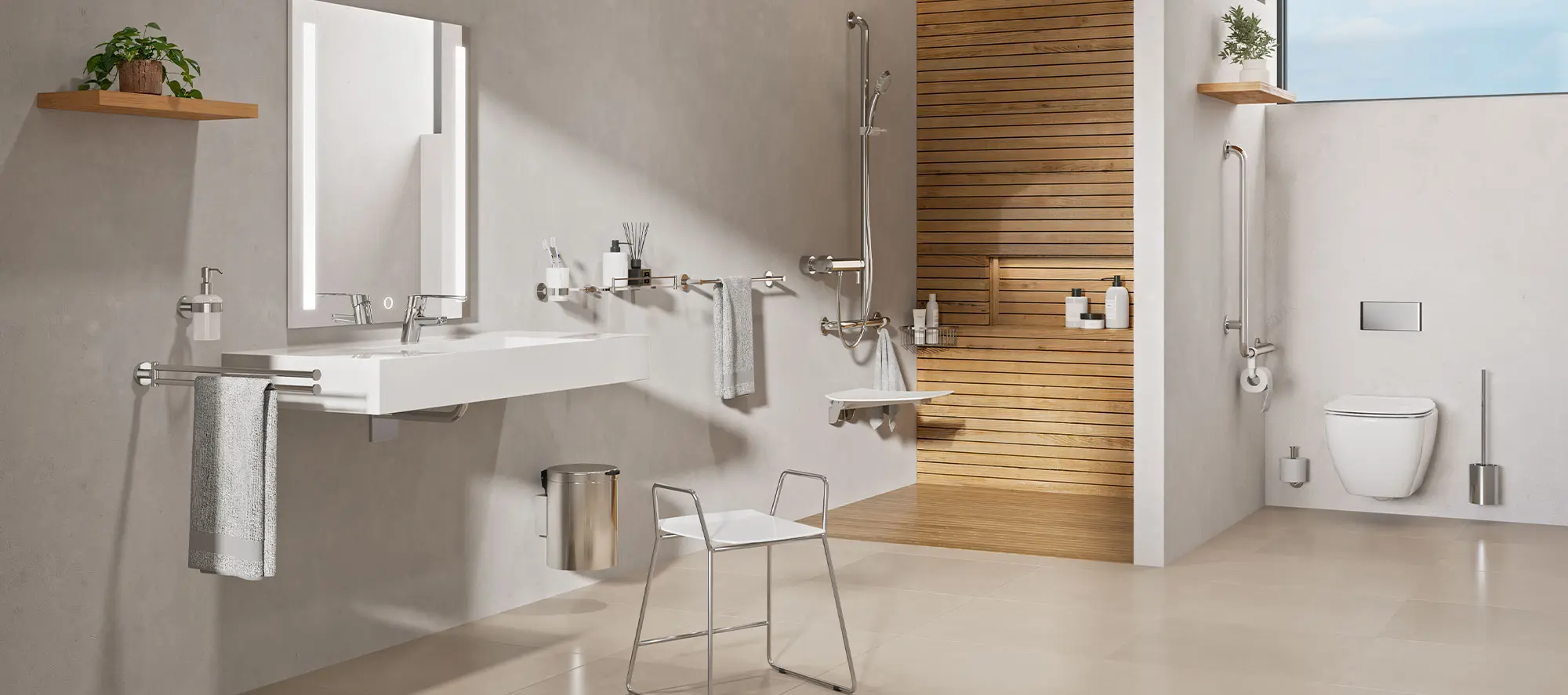 Barrierefreies Bad in Holzoptik mit Dusche und WC. Salle de bain adaptée bois avec douche et WC.