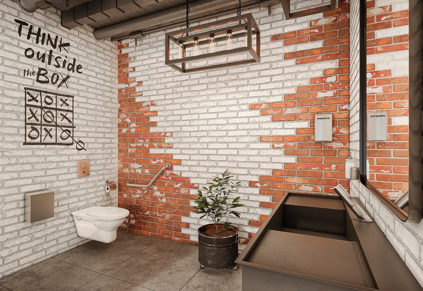 Bad im Industrie-Look mit Waschplatz und WC. Salle de bain style industriel avec lavabo et WC.