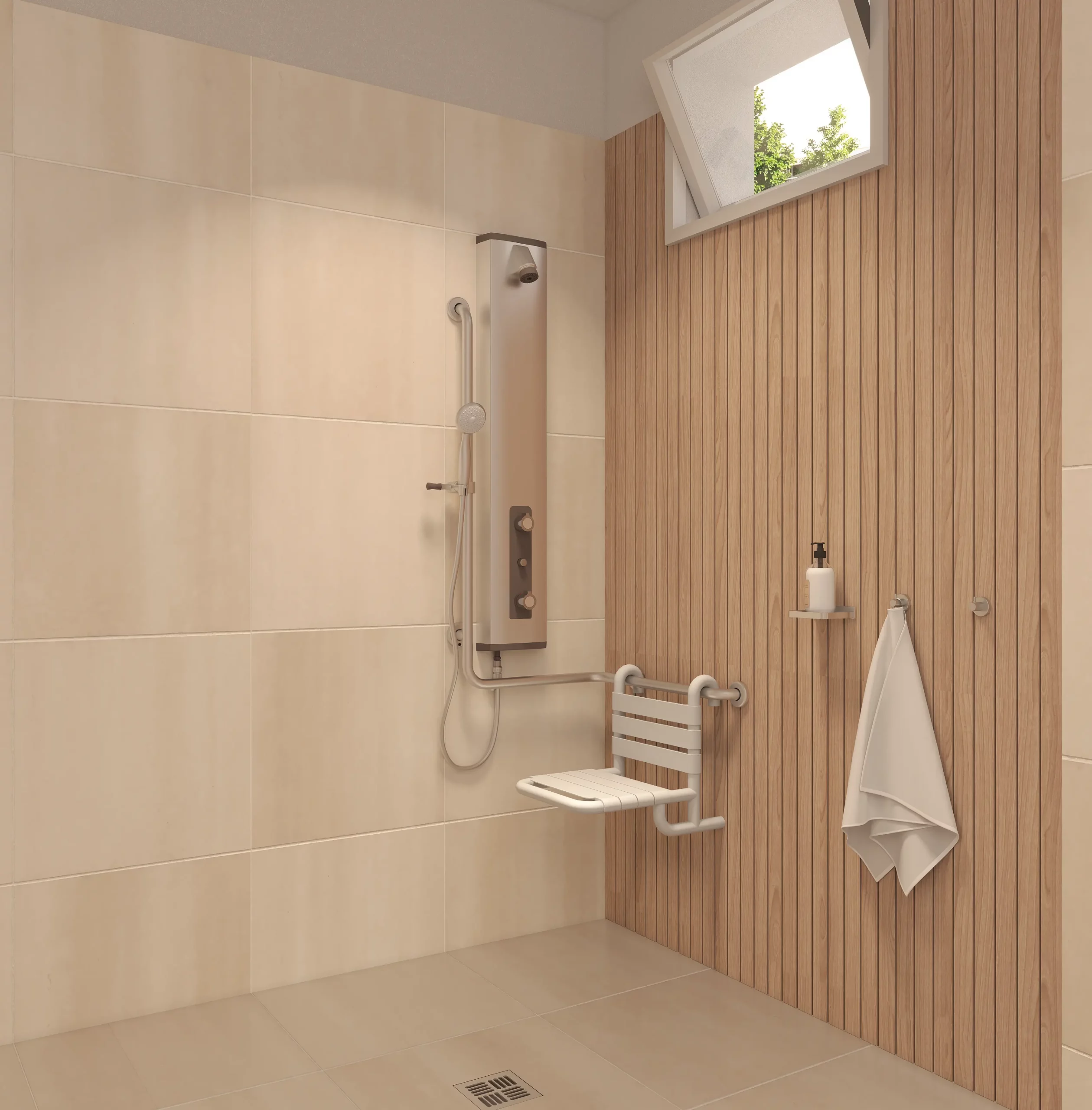 Dusche mit Holz- und Fliesenwand, Sitz und Haltegriff. Douche avec mur bois et carrelage, siège et barre.